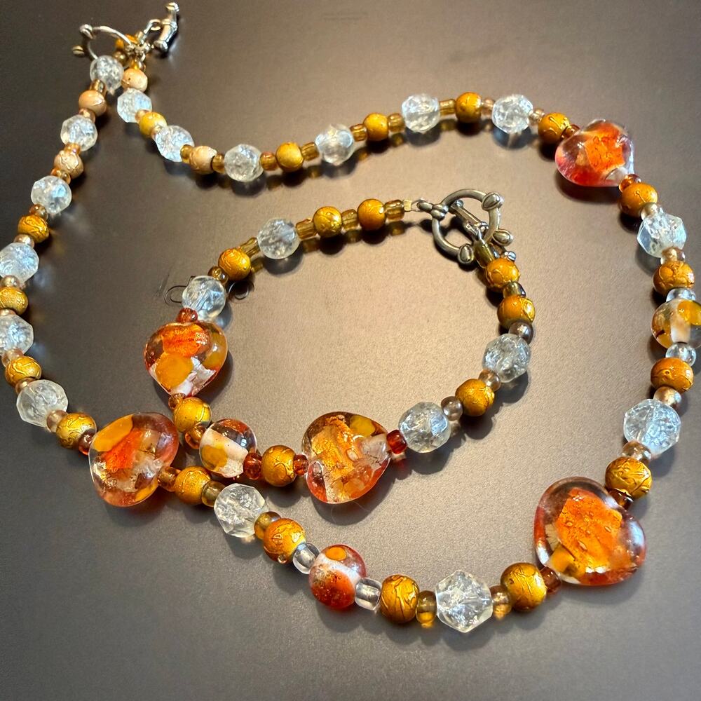 Orange Artisan Glass Beaded Necklace & Bracelet Set